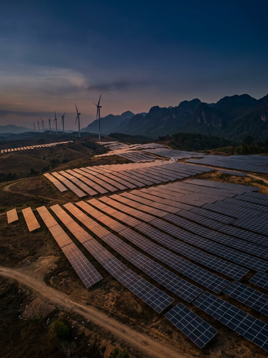 Solar farm with wind turbines in the Laos highlands at dusk