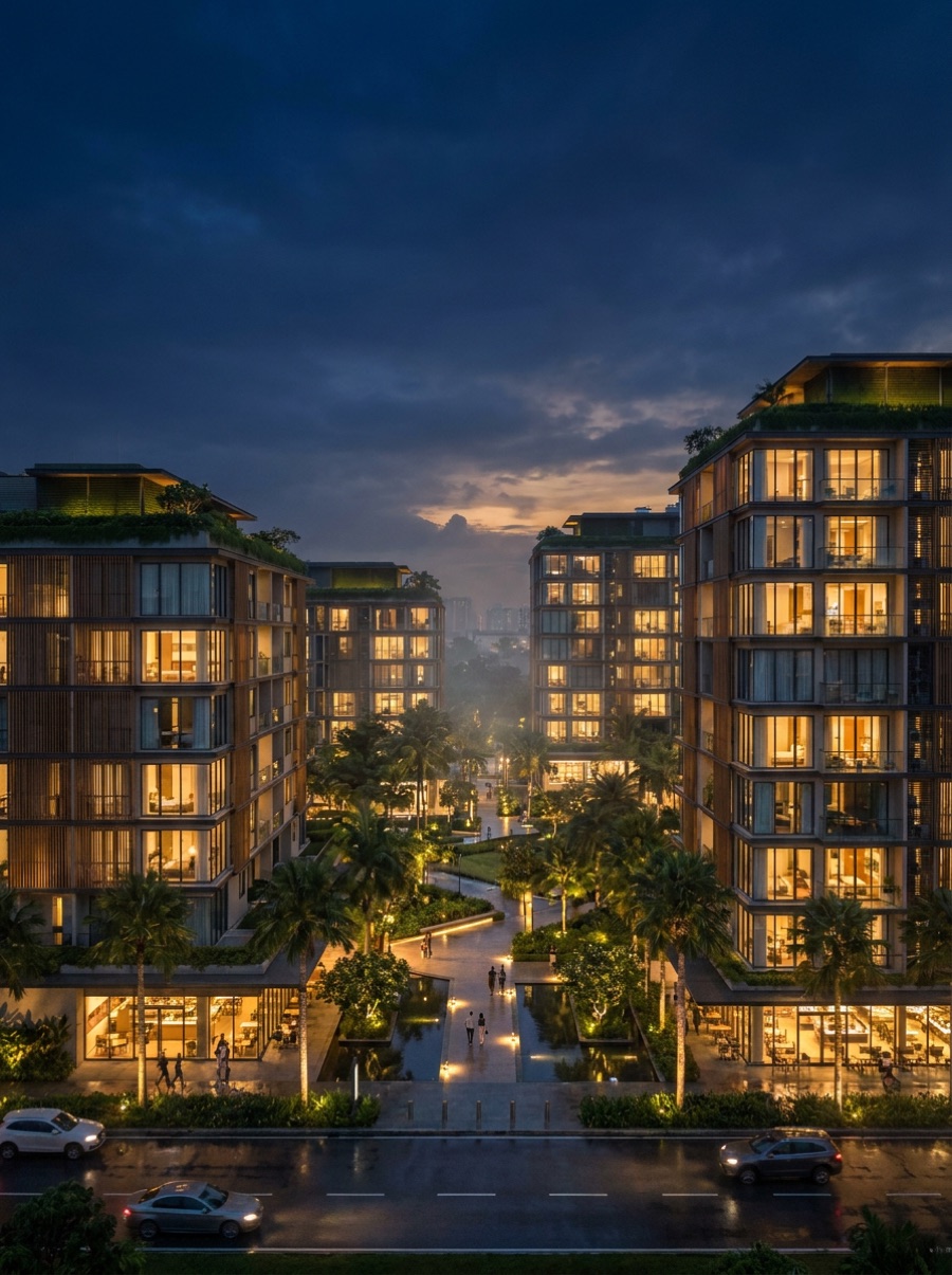 Modern residential development glowing warm at dusk