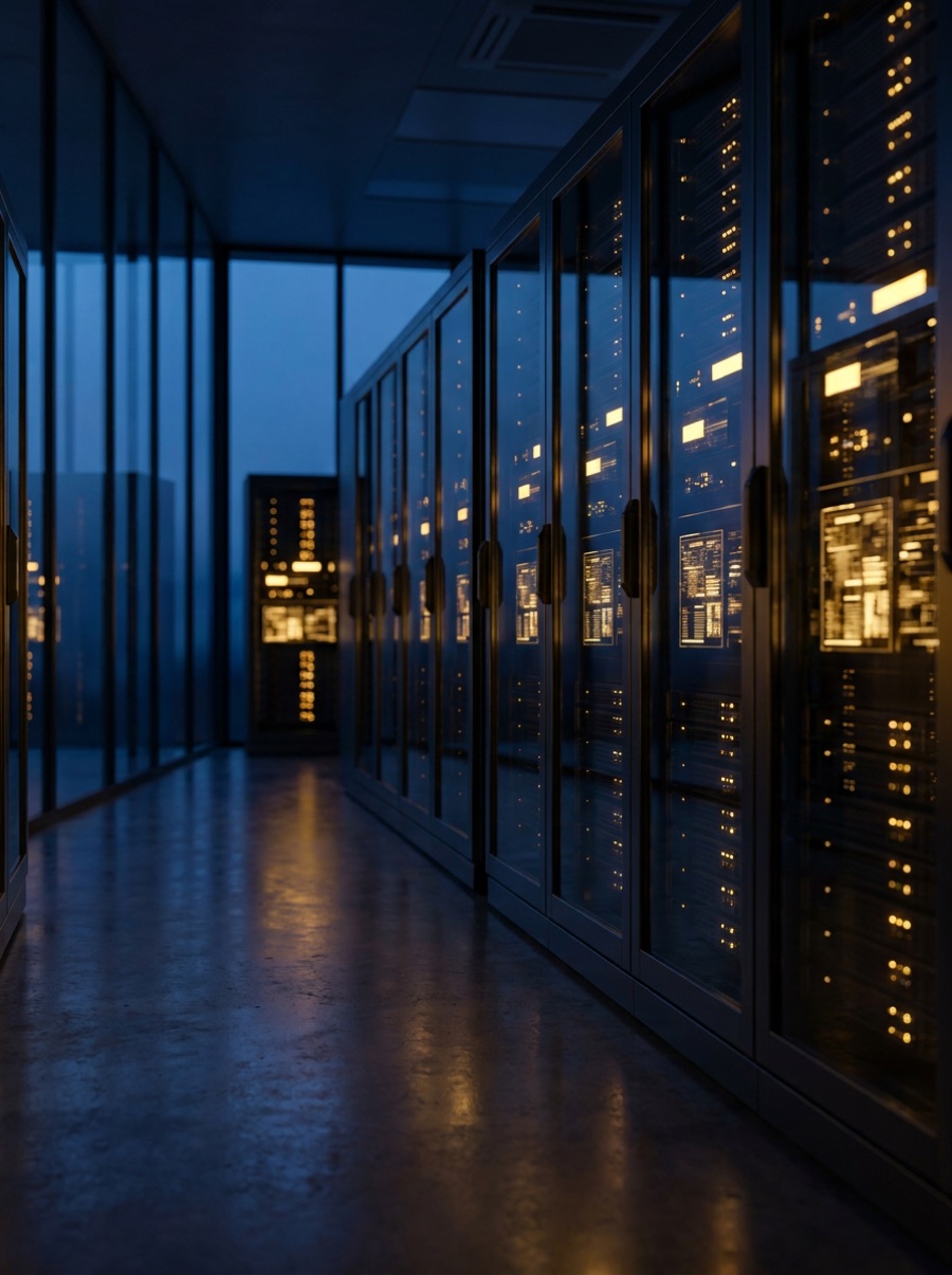 Dark data center corridor with warm amber glow